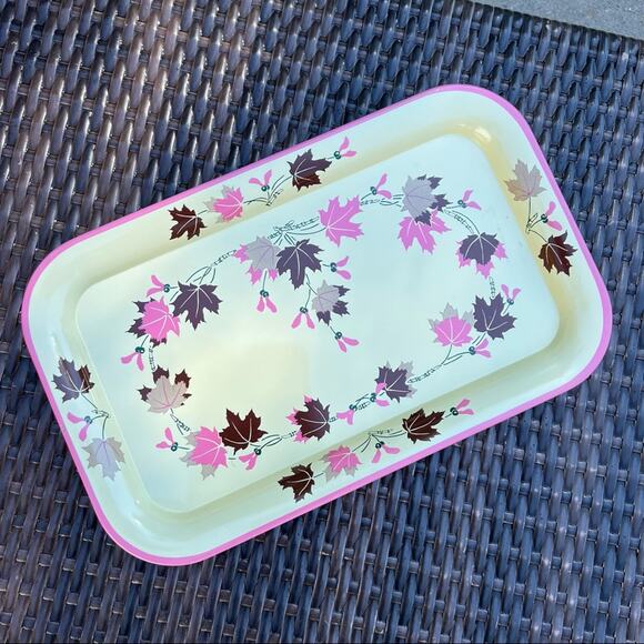 Vintage 60s MCM pink cream maple leaf serving tray lap tray tv tray set of 9 - Picture 6 of 7